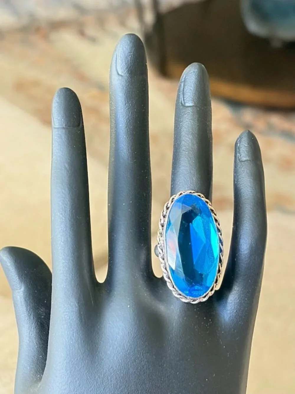 Simulated Blue Topaz Oval Stone Statement Ring 925 Silver Plated - Size 8